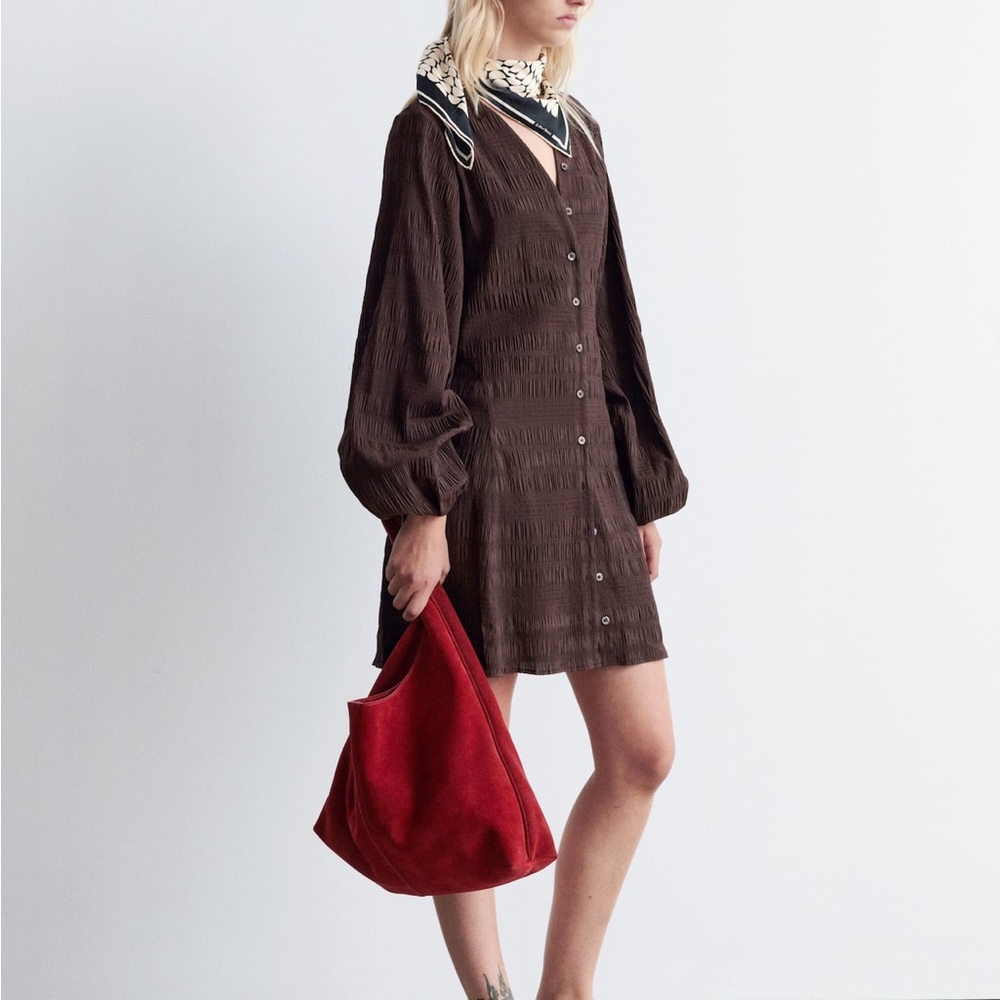 & Other Stories Brown Mini Shirt Dress with Red Bag